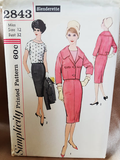 1950s CLASSY 3 Pc Slim Suit and Blouse Pattern SIMPLICITY 2843 Lovely Couturier Details, Bust 32 Vintage Sewing Pattern FF