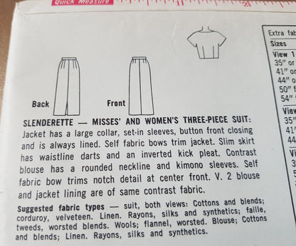 1950s CLASSY 3 Pc Slim Suit and Blouse Pattern SIMPLICITY 2843 Lovely Couturier Details, Bust 32 Vintage Sewing Pattern FF