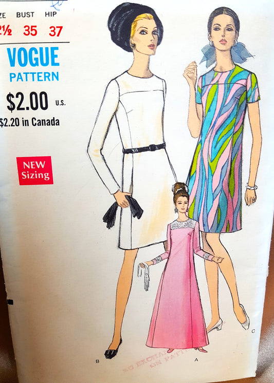 1960s MOD Dress or Evening Gown Pattern VOGUE 7303 Simple Elegance Mini or Floor Length Dress Bust 35 Vintage Sewing Pattern FACTORY FOLDED