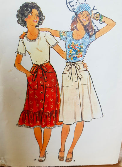 1970s CUTE T Shirt Top and Front Button Flared Wrap Skirt Pattern BUTTERICK 4761 Two Wonderful Skirt Styles Bust 34 Vintage Sewing Pattern