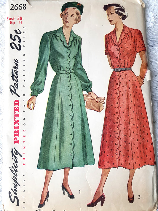 Late 1940s BEAUTIFUL Dress Pattern SIMPLICITY 2668 Front Button Dress Lovely Details Bust 38 Vintage Sewing Pattern FF