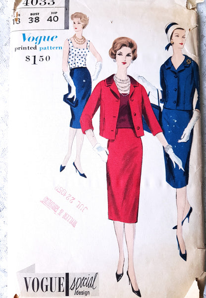 1950s CLASSY 3 Pc Suit Pattern VOGUE Special Design 4033 Shorty Jacket, Slim Skirt,Sleeveless Blouse Bust 38 Vintage Sewing Pattern