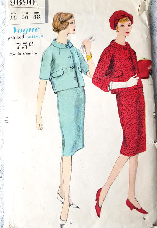 Late 1950s CHIC Slim Skirt Suit Pattern VOGUE 9690 Short Boxy Jacket, Long or Short Sleeved Versions Bust 36 Vintage Sewing Pattern