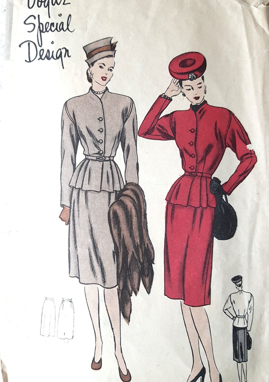 1940s FABULOUS Peplum Jacket Suit and Scarf Pattern VOGUE Special Design 4670 Bust 34 Vintage Sewing Pattern