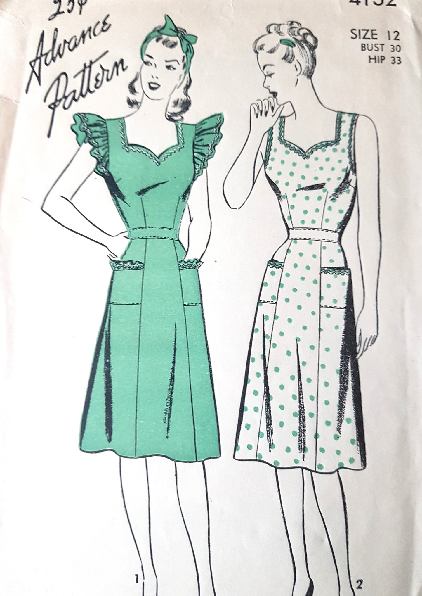 1940s PRETTY Pinafore Sundress Pattern ADVANCE 4132 Two Cute Styles Button Back Dress Bust 30 Vintage Sewing Pattern