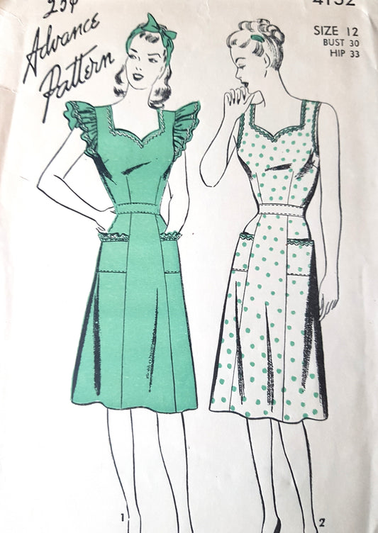 1940s PRETTY Pinafore Sundress Pattern ADVANCE 4132 Two Cute Styles Button Back Dress Bust 30 Vintage Sewing Pattern