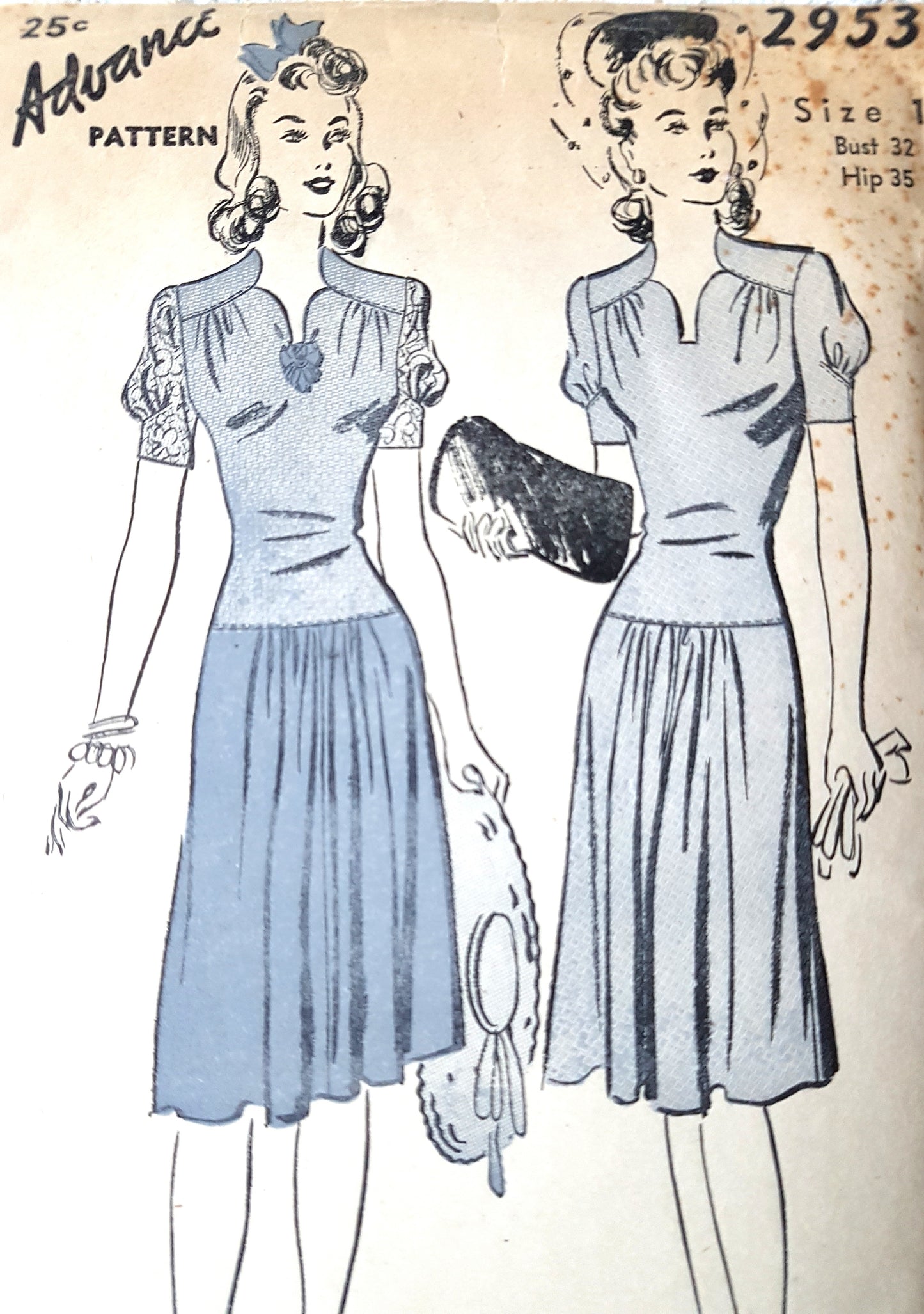 1940s FILM NOIR Style Dress Pattern ADVANCE 2953 Lovely Neckline, Puff Sleeves, Bust 32 Vintage Sewing Pattern FF