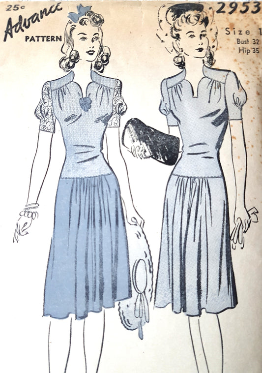 1940s FILM NOIR Style Dress Pattern ADVANCE 2953 Lovely Neckline, Puff Sleeves, Bust 32 Vintage Sewing Pattern FF