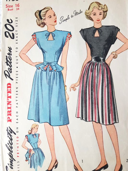 1940s PRETTY Dress and Detachable Peplum Pattern SIMPLICITY 1738 Lovely Keyhole Neckline Bust 34 Simple To Make Vintage Sewing Pattern FF