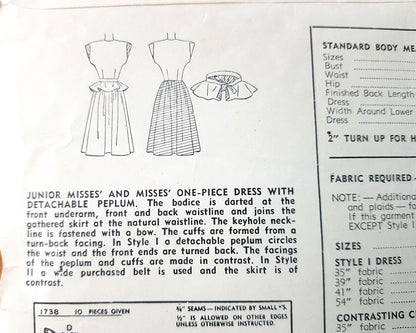 1940s PRETTY Dress and Detachable Peplum Pattern SIMPLICITY 1738 Lovely Keyhole Neckline Bust 34 Simple To Make Vintage Sewing Pattern FF