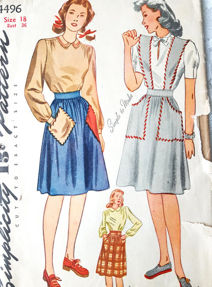 Early 1940s CUTE Skirt and Blouse Pattern SIMPLICITY 4496 Three Skirt Versions, 2 Blouses Bust 36 Vintage Sewing Pattern FF