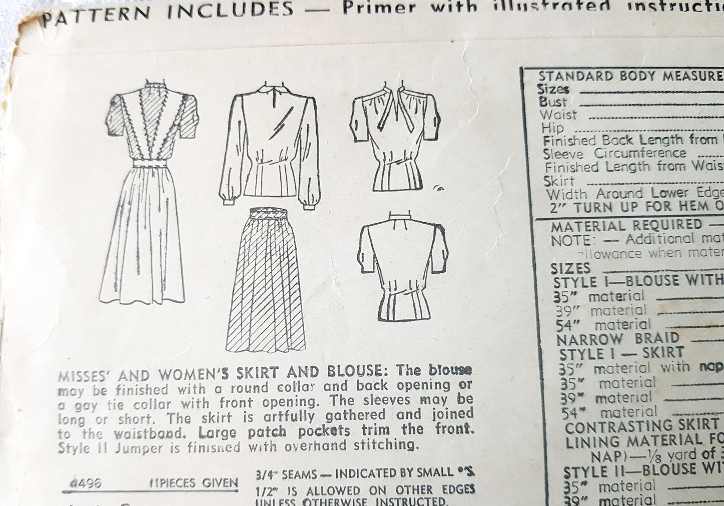 Early 1940s CUTE Skirt and Blouse Pattern SIMPLICITY 4496 Three Skirt Versions, 2 Blouses Bust 36 Vintage Sewing Pattern FF