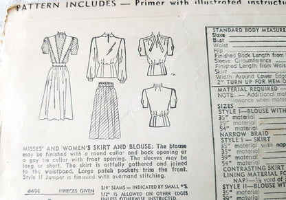 Early 1940s CUTE Skirt and Blouse Pattern SIMPLICITY 4496 Three Skirt Versions, 2 Blouses Bust 36 Vintage Sewing Pattern FF