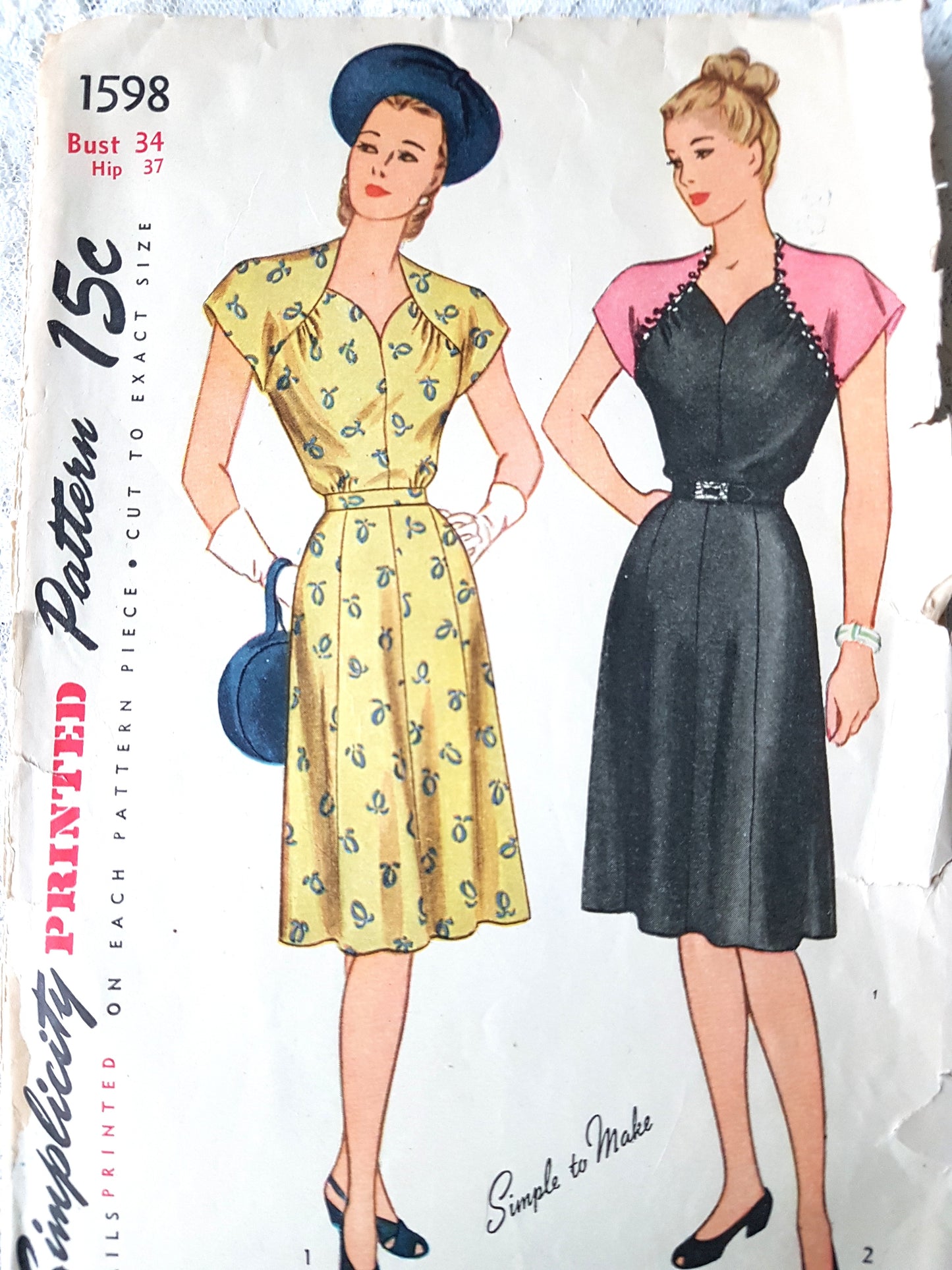 1940s EASY To Make Sweetheart Neckline Dress Pattern SIMPLICITY 1598 Flattering Neckline and Raglan Sleeves, Bust 34 Vintage Sewing Pattern