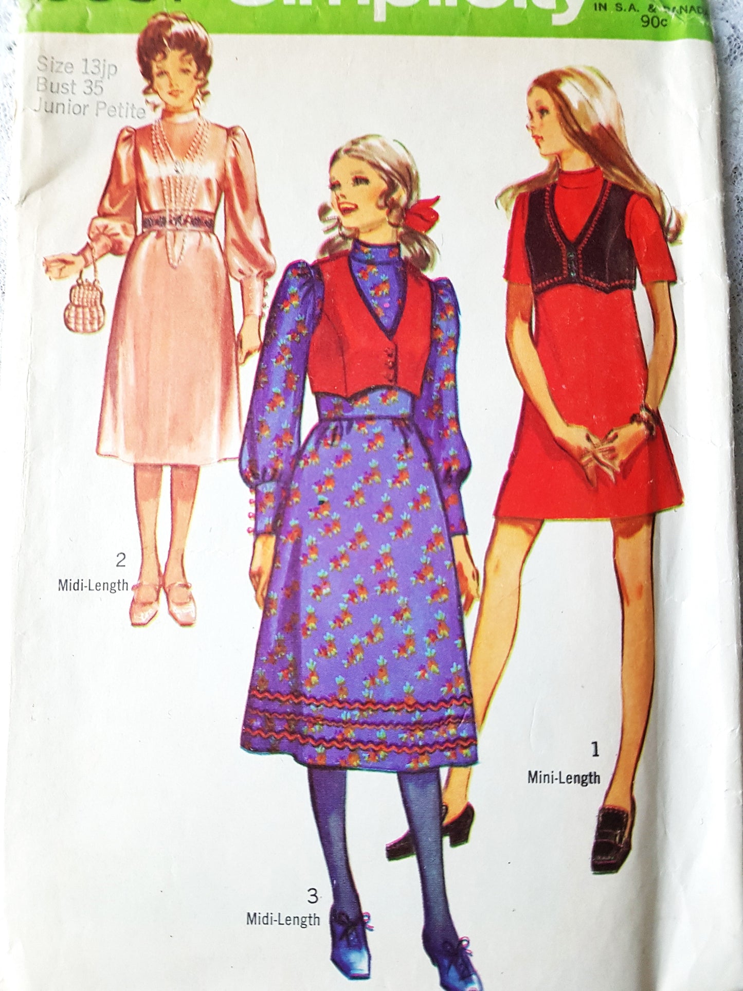 CUTE 1970 Mini and Midi Dress and Vest Pattern SIMPLICITY 9031 Romantic Styles Bust 35 Vintage Sewing Pattern