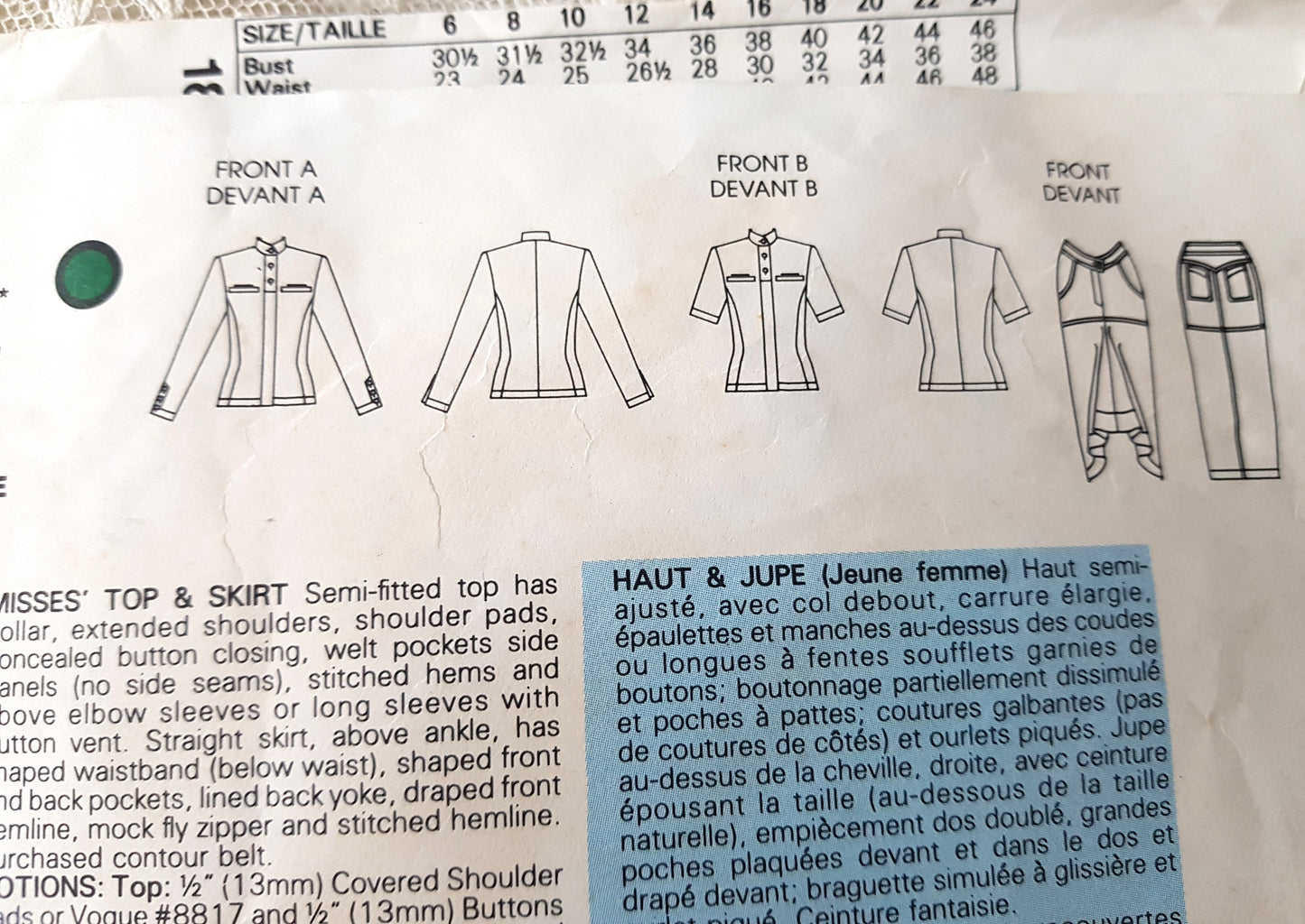 FABULOUS 1980s Claude Montana Top and Skirt Pattern VOGUE Individualist 1803, Bust 34 Vintage Sewing Pattern