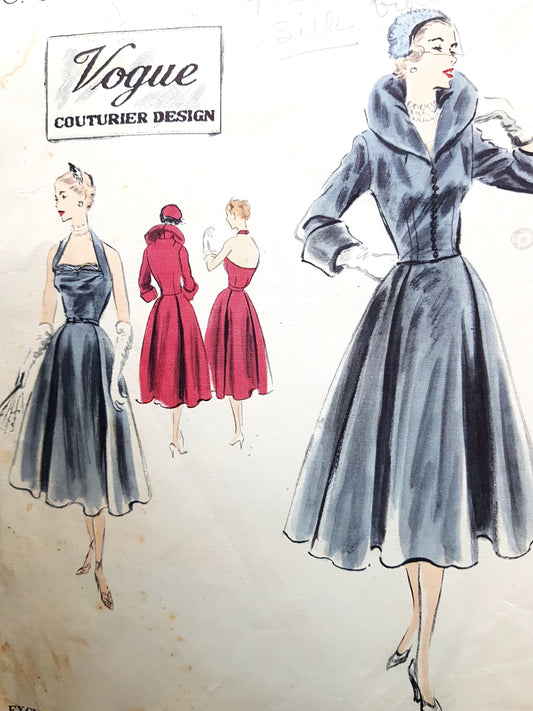 1950s STUNNING Evening Dress and Dramatic Jacket Pattern VOGUE Couturier Design 614 Bust 34 Vintage Sewing Pattern