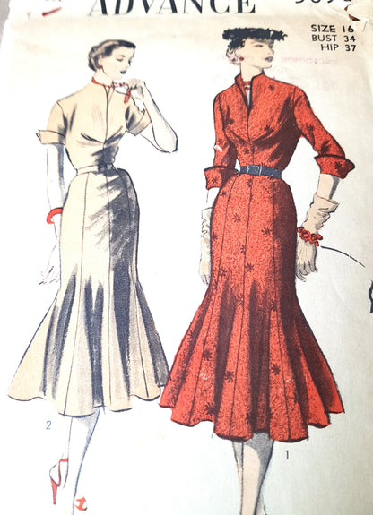 1950s STUNNING Day or Evening Dress Pattern ADVANCE 5698 Glove Fitting Slim Dramatic Flared Hemline Bust 34 Vintage Sewing Pattern
