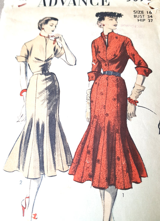 1950s STUNNING Day or Evening Dress Pattern ADVANCE 5698 Glove Fitting Slim Dramatic Flared Hemline Bust 34 Vintage Sewing Pattern
