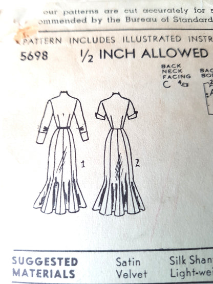 1950s STUNNING Day or Evening Dress Pattern ADVANCE 5698 Glove Fitting Slim Dramatic Flared Hemline Bust 34 Vintage Sewing Pattern