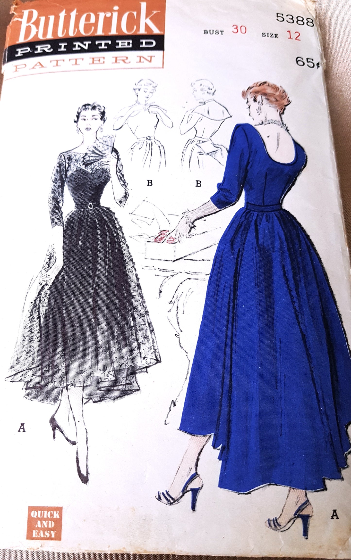 1950s DRAMATIC Paris Inspired Evening Dress Pattern BUTTERICK 5388 Bust 30 Quick and Easy Vintage Sewing Pattern