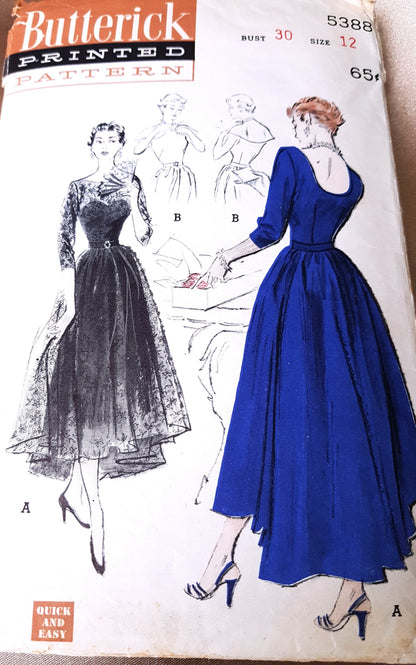 1950s DRAMATIC Paris Inspired Evening Dress Pattern BUTTERICK 5388 Bust 30 Quick and Easy Vintage Sewing Pattern