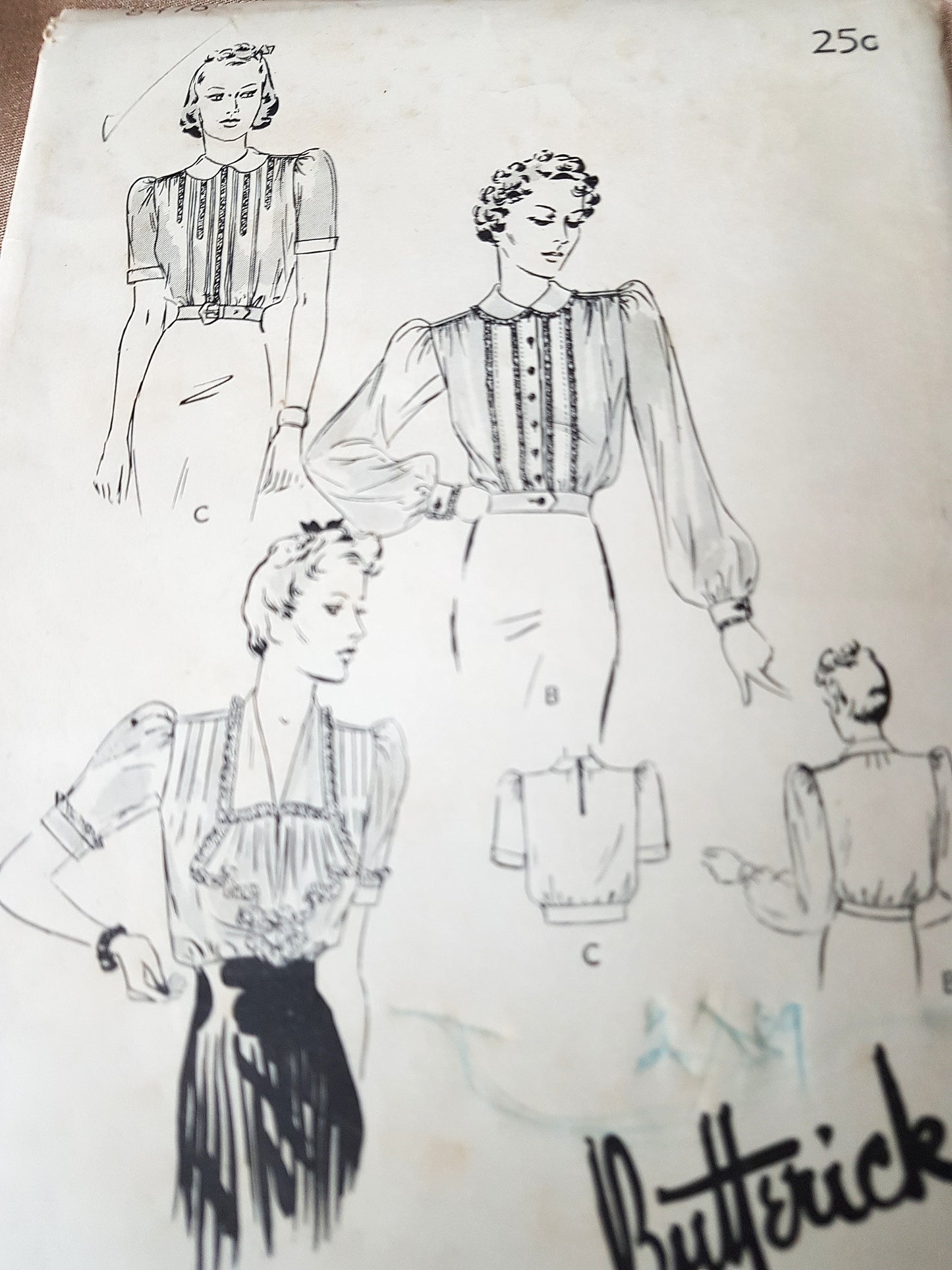 Late 1930s BEAUTIFUL Set Of Blouses Pattern BUTTERICK 8478 Pintucked Lace Trim Blouse,  Jabot & Sleeve Options, Bust 36 Vintage Sewing Pattern FACTORY FOLDED