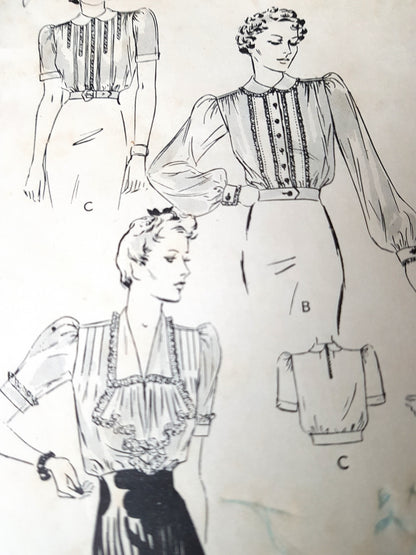 Late 1930s BEAUTIFUL Set Of Blouses Pattern BUTTERICK 8478 Pintucked Lace Trim Blouse,  Jabot & Sleeve Options, Bust 36 Vintage Sewing Pattern FACTORY FOLDED
