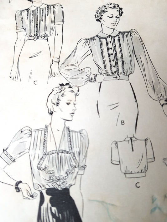 Late 1930s BEAUTIFUL Set Of Blouses Pattern BUTTERICK 8478 Pintucked Lace Trim Blouse,  Jabot & Sleeve Options, Bust 36 Vintage Sewing Pattern FACTORY FOLDED