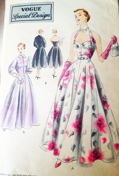 1950s GLAMOROUS Evening Gown Dress and Jacket Pattern VOGUE Special Design 4164,Flattering Halter Neckline, Bust 34 Vintage Sewing Pattern