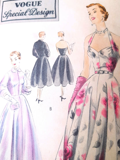 1950s GLAMOROUS Evening Gown Dress and Jacket Pattern VOGUE Special Design 4164,Flattering Halter Neckline, Bust 34 Vintage Sewing Pattern