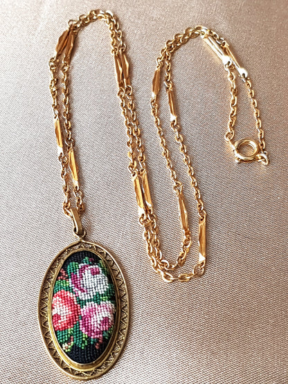 ROMANTIC Vintage 1920s-30s Petite Point Pendant Necklace, Pink Roses, Filigree Setting, Collectible Vintage Jewelry