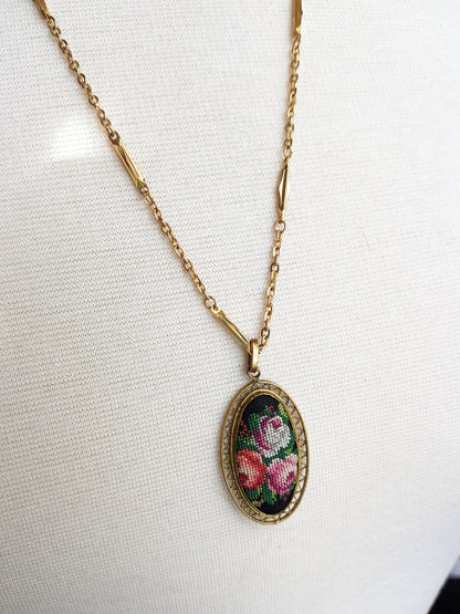 ROMANTIC Vintage 1920s-30s Petite Point Pendant Necklace, Pink Roses, Filigree Setting, Collectible Vintage Jewelry