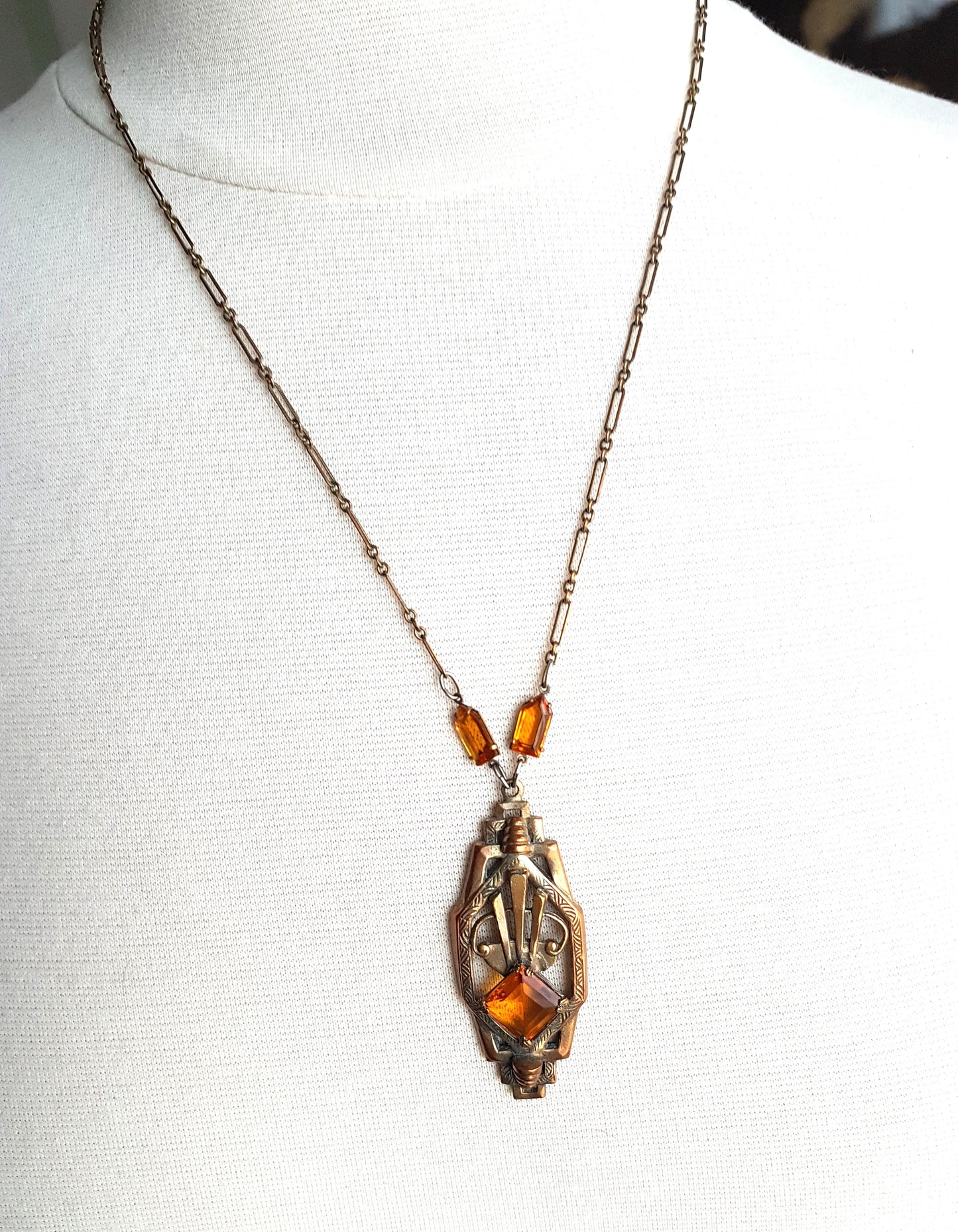Art Deco 1920s Necklace, Machine Age Era, Topaz Glass Stones , Striking Design Pendant Necklace, Collectible Vintage Jewelry