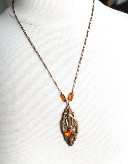 Art Deco 1920s Necklace, Machine Age Era, Topaz Glass Stones , Striking Design Pendant Necklace, Collectible Vintage Jewelry