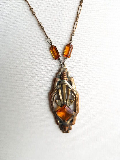 Art Deco 1920s Necklace, Machine Age Era, Topaz Glass Stones , Striking Design Pendant Necklace, Collectible Vintage Jewelry