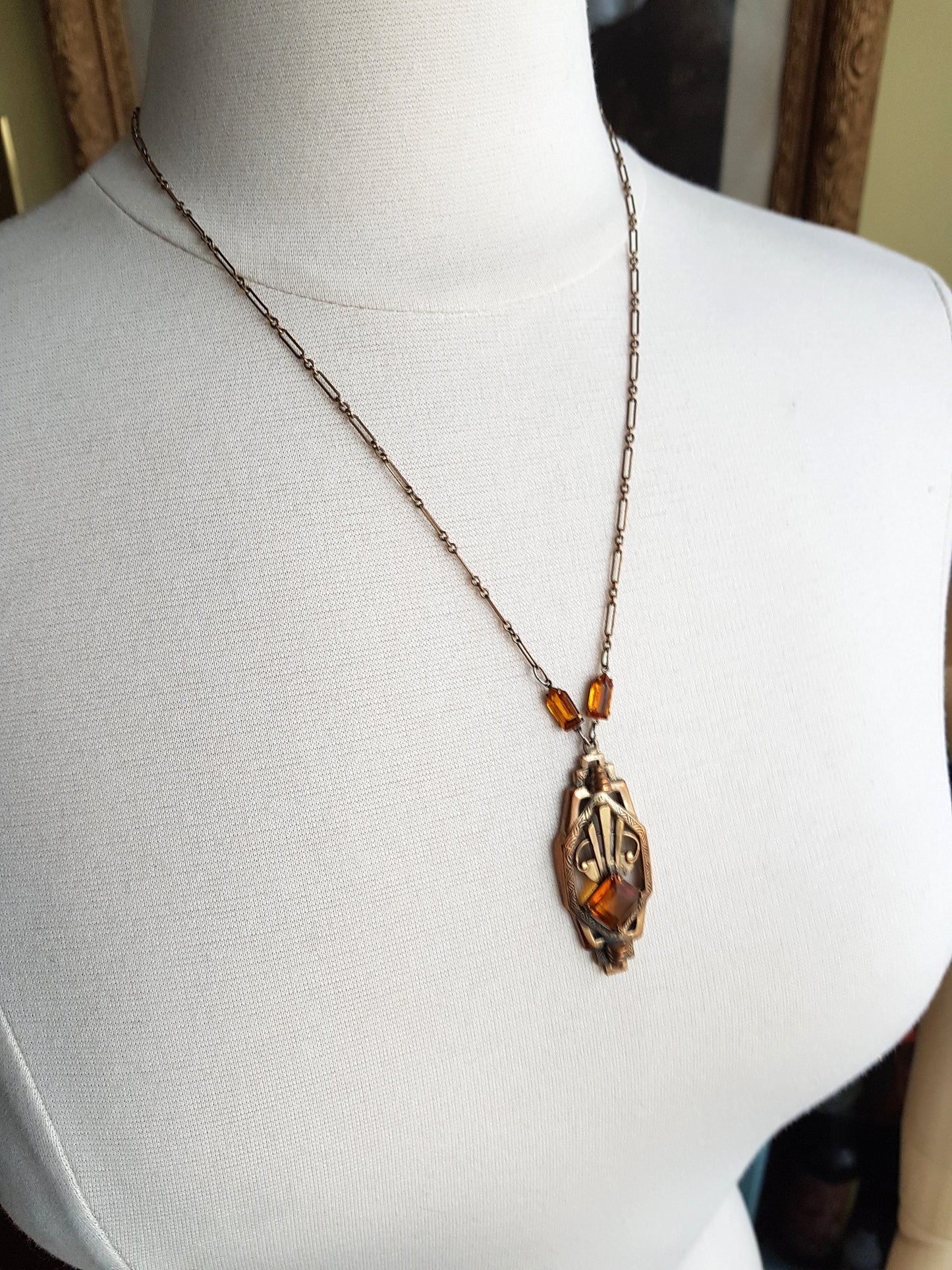 Art Deco 1920s Necklace, Machine Age Era, Topaz Glass Stones , Striking Design Pendant Necklace, Collectible Vintage Jewelry