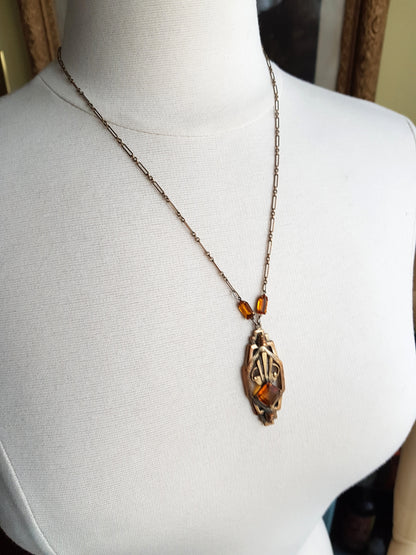 Art Deco 1920s Necklace, Machine Age Era, Topaz Glass Stones , Striking Design Pendant Necklace, Collectible Vintage Jewelry