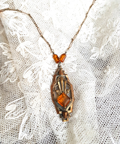 Art Deco 1920s Necklace, Machine Age Era, Topaz Glass Stones , Striking Design Pendant Necklace, Collectible Vintage Jewelry
