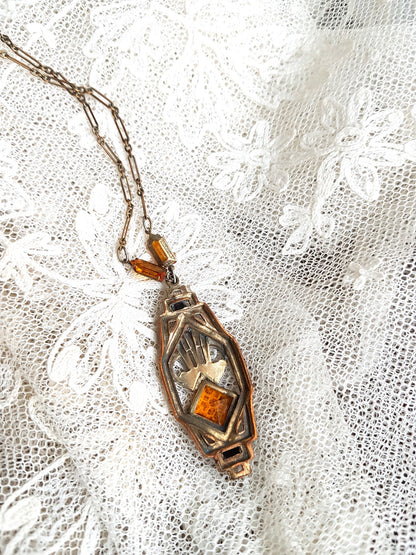 Art Deco 1920s Necklace, Machine Age Era, Topaz Glass Stones , Striking Design Pendant Necklace, Collectible Vintage Jewelry