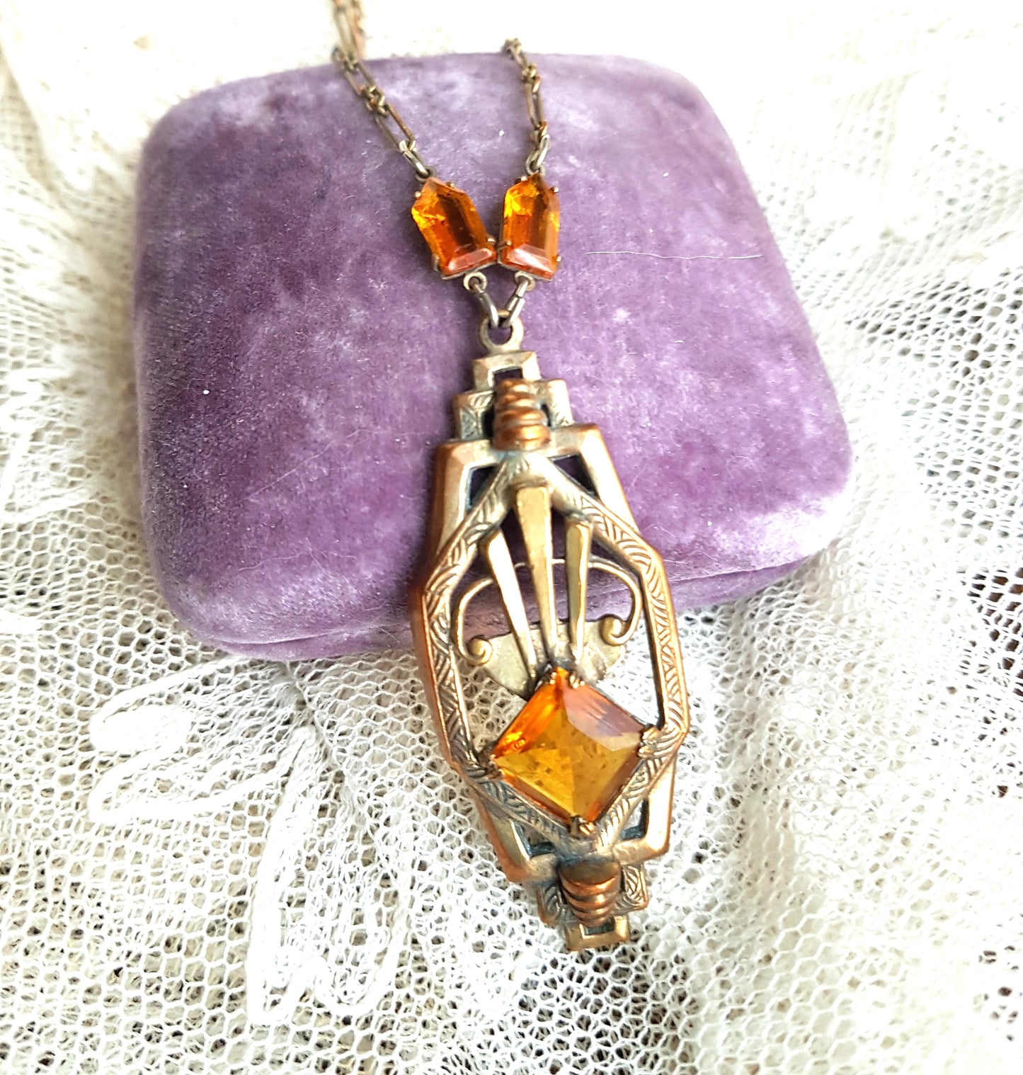 Art Deco 1920s Necklace, Machine Age Era, Topaz Glass Stones , Striking Design Pendant Necklace, Collectible Vintage Jewelry