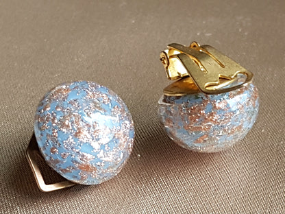 Vintage Venetian Glass Murano Clip On Earrings, Lovely Blue With Gold Art Glass, Collectible Vintage Jewelry