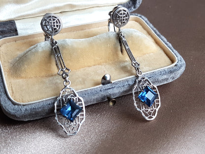 ART DECO 1920s Stunning Drop Earrings,Silver Filigree and Sapphire Faceted Stones, Clip On Dangle Earrings, Heirloom Jewelry, Bridal Jewelry, Collectible Vintage Jewelry