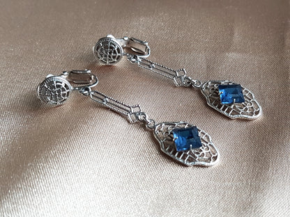 ART DECO 1920s Stunning Drop Earrings,Silver Filigree and Sapphire Faceted Stones, Clip On Dangle Earrings, Heirloom Jewelry, Bridal Jewelry, Collectible Vintage Jewelry