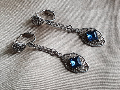 ART DECO 1920s Stunning Drop Earrings,Silver Filigree and Sapphire Faceted Stones, Clip On Dangle Earrings, Heirloom Jewelry, Bridal Jewelry, Collectible Vintage Jewelry