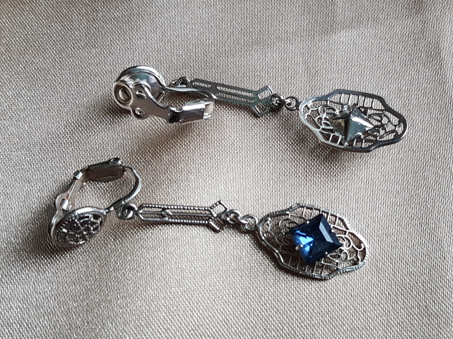 ART DECO 1920s Stunning Drop Earrings,Silver Filigree and Sapphire Faceted Stones, Clip On Dangle Earrings, Heirloom Jewelry, Bridal Jewelry, Collectible Vintage Jewelry