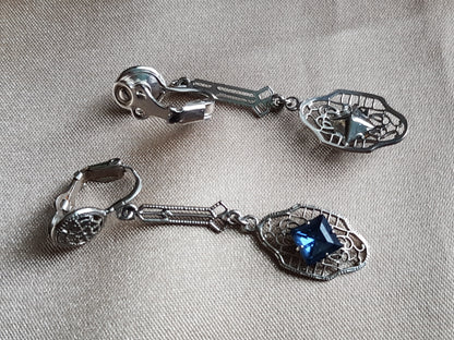 ART DECO 1920s Stunning Drop Earrings,Silver Filigree and Sapphire Faceted Stones, Clip On Dangle Earrings, Heirloom Jewelry, Bridal Jewelry, Collectible Vintage Jewelry