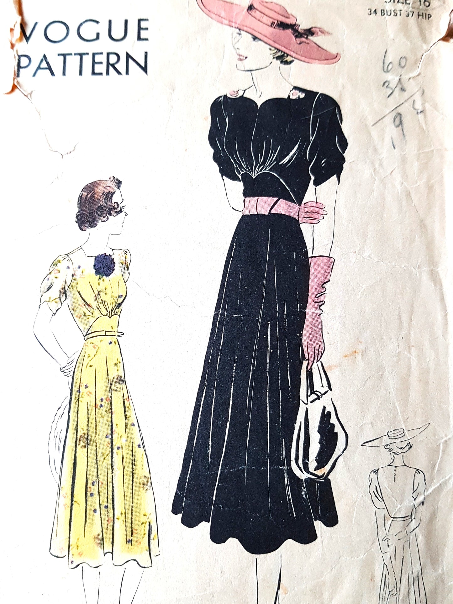Late 1930s BEAUTIFUL Dress Pattern VOGUE 7954 Lovely Shaped Neckline, Circular Bias Cut Skirt Bust 34 Vintage Sewing Pattern