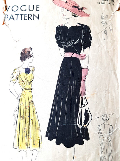 Late 1930s BEAUTIFUL Dress Pattern VOGUE 7954 Lovely Shaped Neckline, Circular Bias Cut Skirt Bust 34 Vintage Sewing Pattern