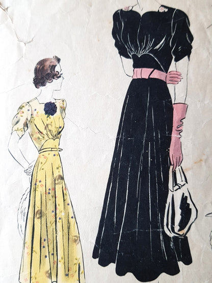 Late 1930s BEAUTIFUL Dress Pattern VOGUE 7954 Lovely Shaped Neckline, Circular Bias Cut Skirt Bust 34 Vintage Sewing Pattern